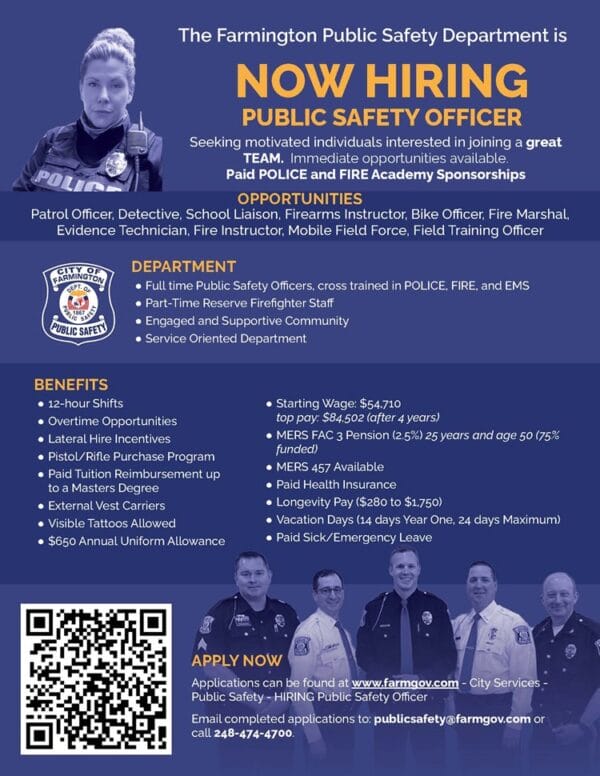 Farmington Department of Public Safety hiring flyer with information about their open Public Safety Officer flyer.