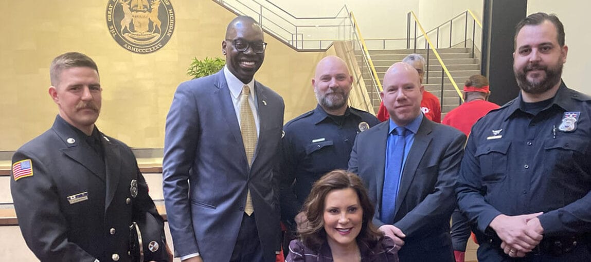 POAM Executive Board members John Graver, Jon Pignataro, and Anthony Hall attend the HB 4001 signing ceremony with Governor Whitmer and Lt. Governor Garlin Gilchrist.
