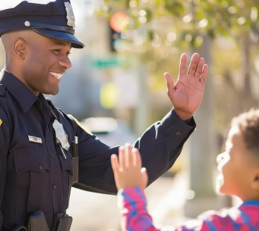 Police officer waving at child - school resource officer