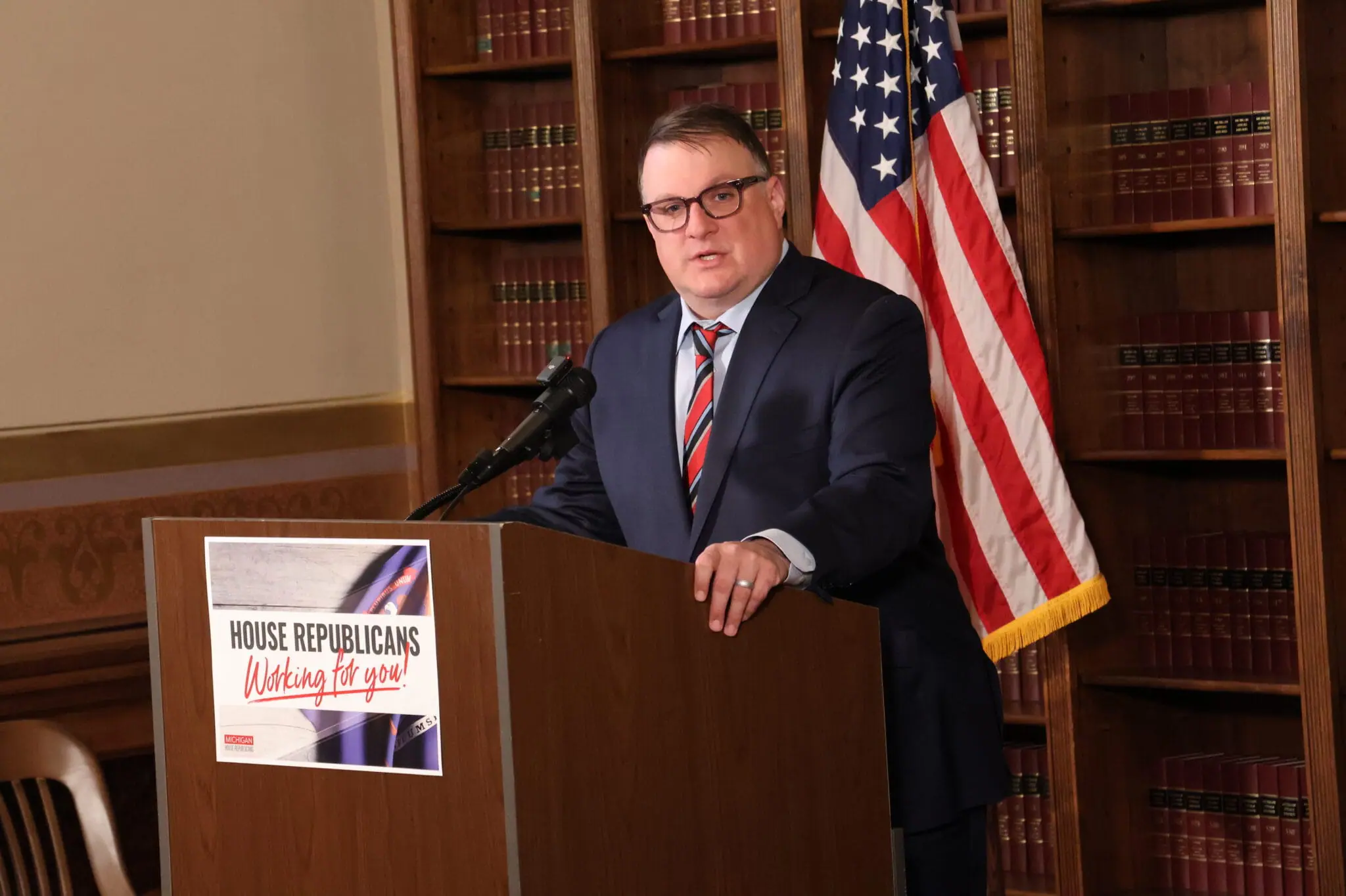 Michigan House Speaker Matt Hall (R-Richland Twp.) during a April 15, 2025 press conference-Justice Needs No Mask