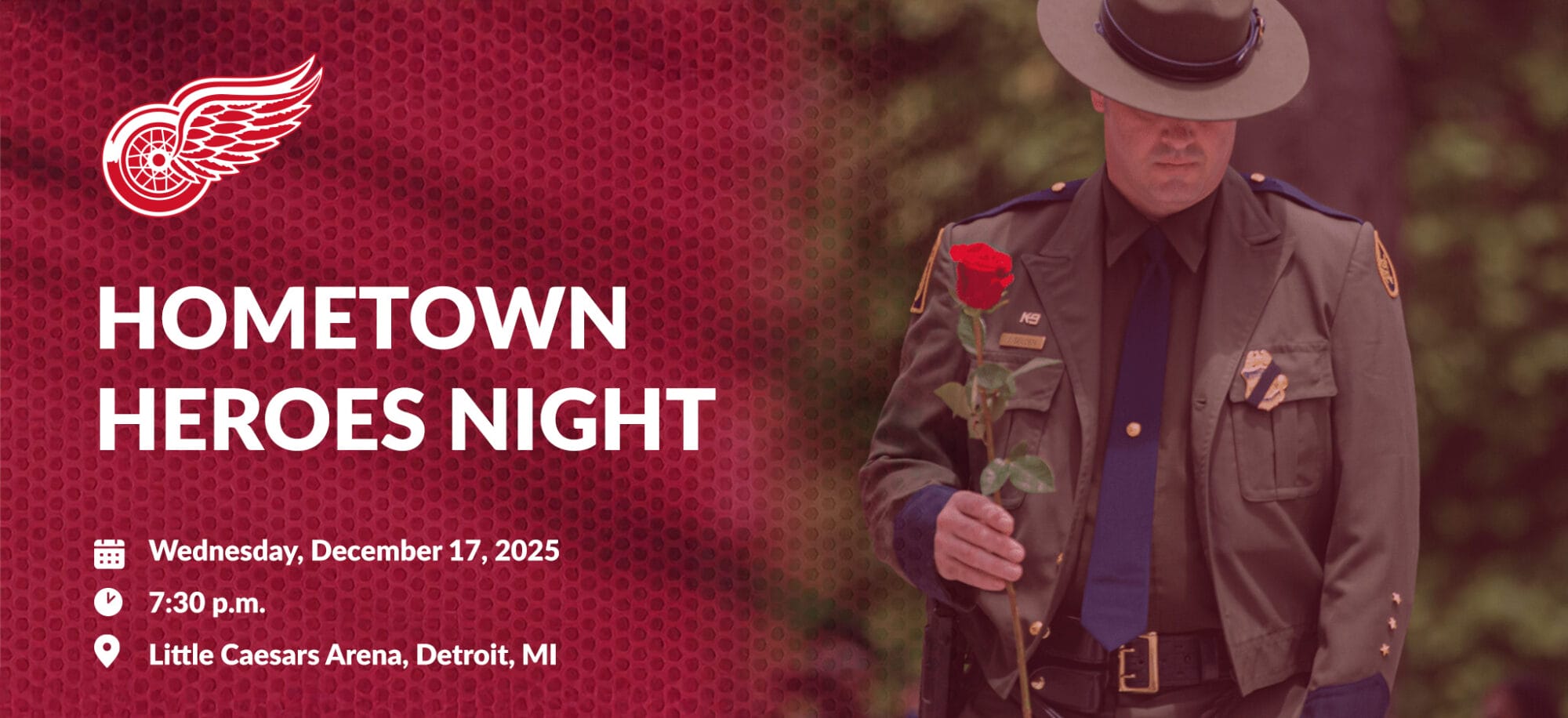 Red wings Logo and Soldier with Rose for Hometown Heroes Night